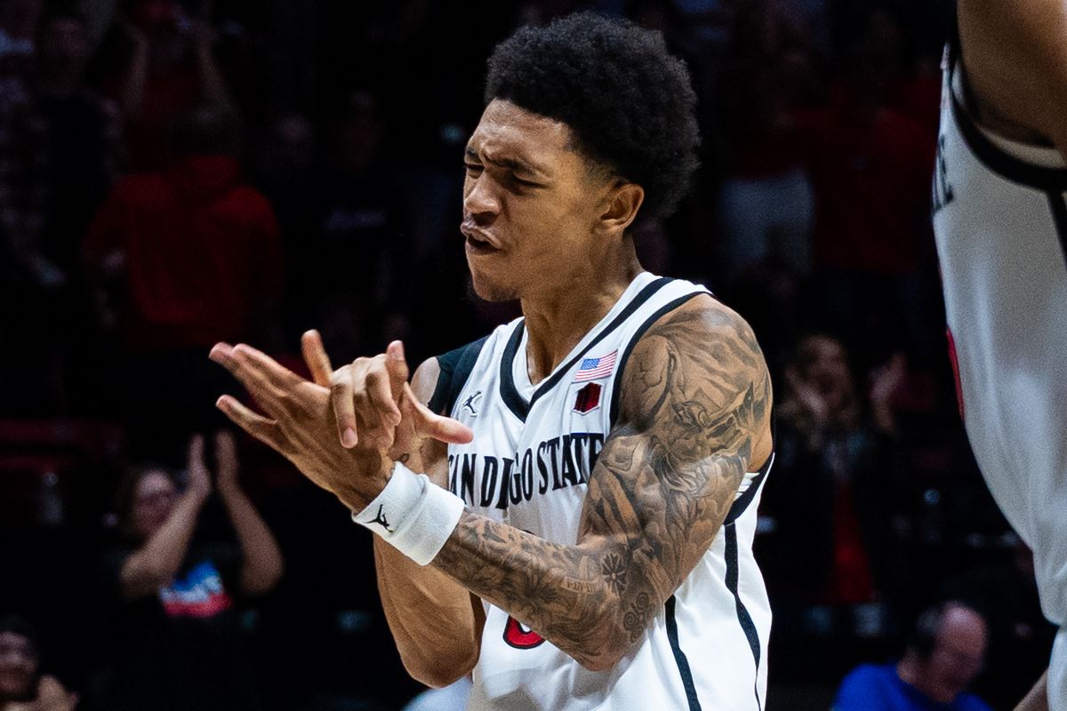 San Diego State guard Elzie Harrington (3) reacts to making a big play during an NCAA Basketball game between Boise State and San Diego State, Saturday January 3, 2026 at Viejas Arena in San Diego, Calif.