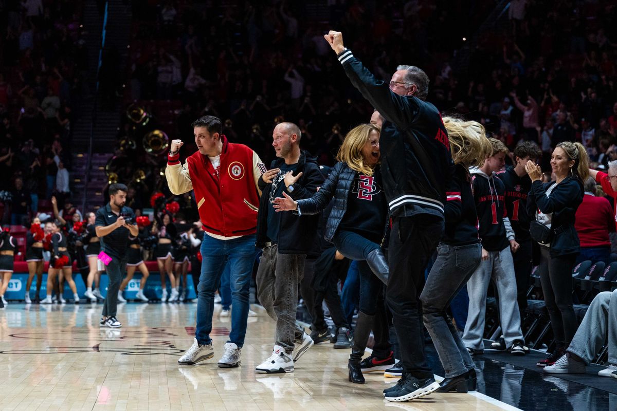 Fans react to a win after an NCAA Basketball game between Boise State and San Diego State, Saturday January 3, 2026 at Viejas Arena in San Diego, Calif.