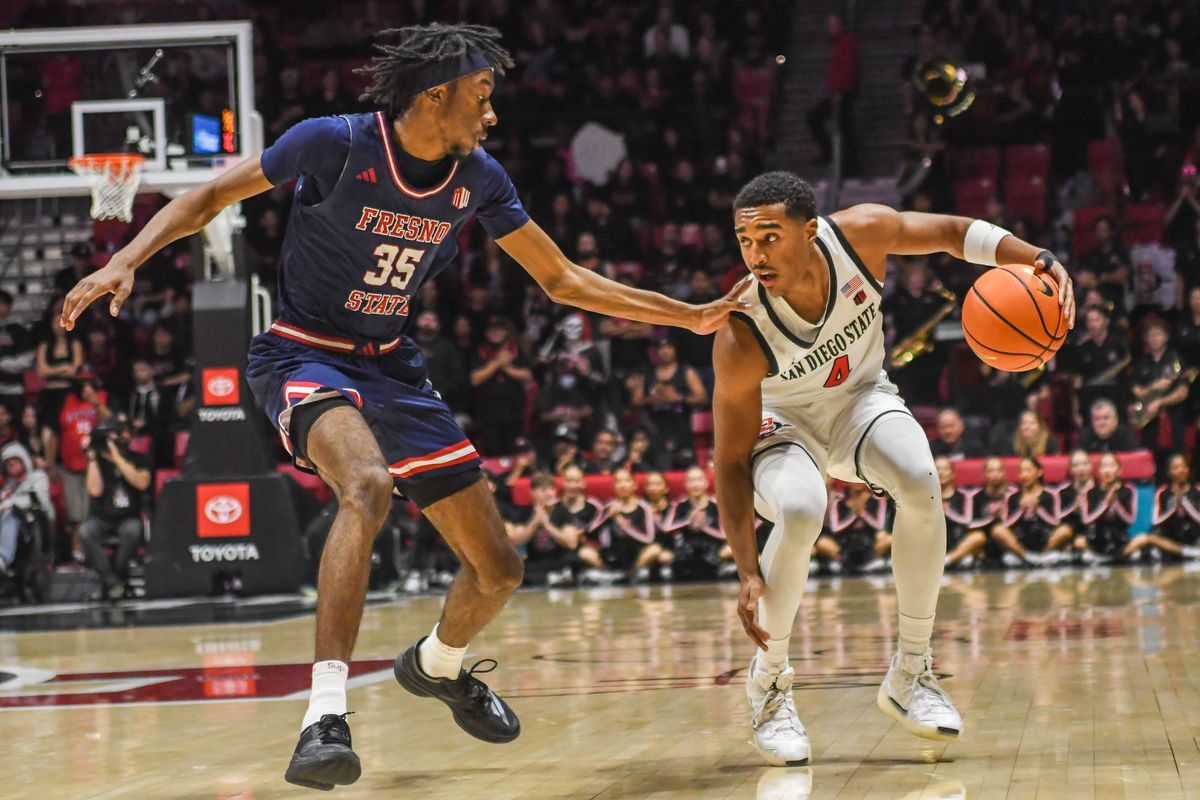 SDSU  BJ Davis (10&nbsp;) handles the ball during an NCAA men’s basketball game against  Fresno State.  Saturday January 10, 2026 in  San Diego, California.