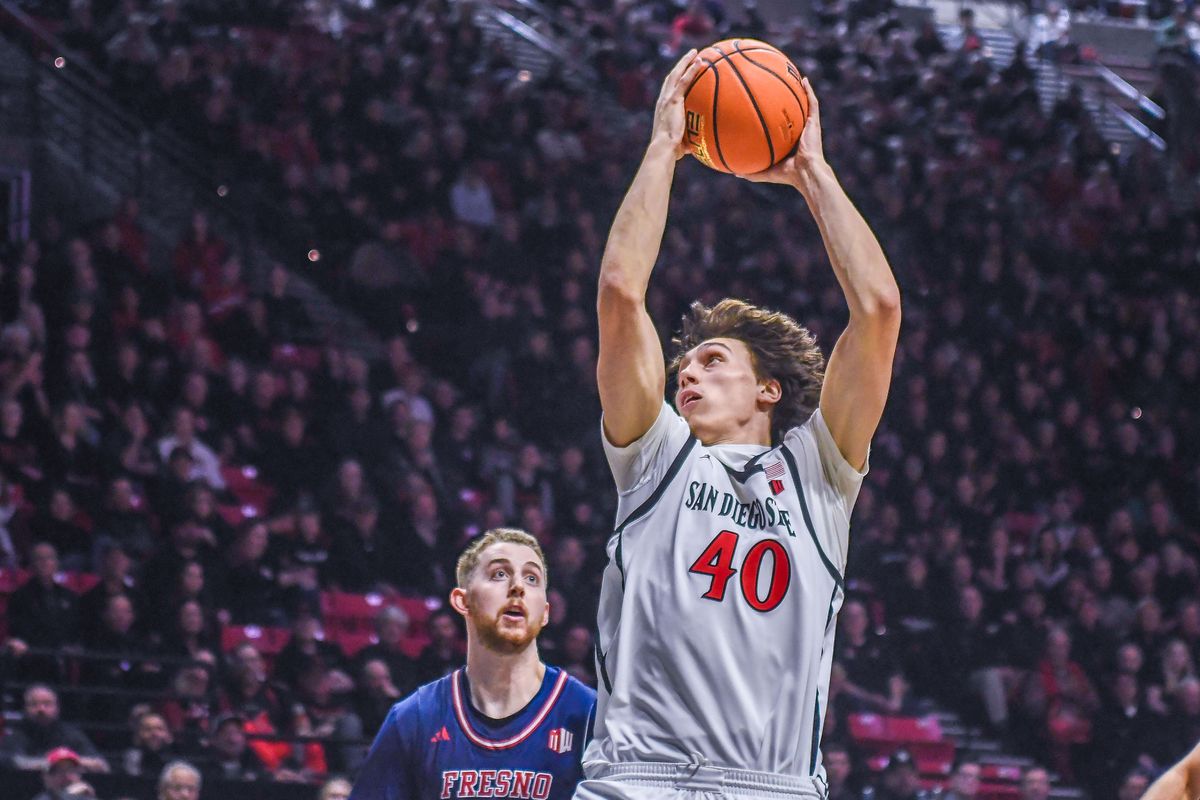 SDSU  Miles Heide (40) prepares to shoot during an NCAA men’s basketball game against  Fresno State.  Saturday January 10, 2026 in  San Diego, California.