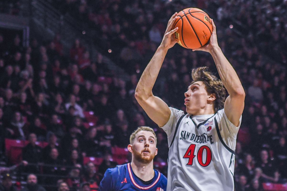 SDSU  Miles Heide (40) prepares to shoot during an NCAA men’s basketball game against  Fresno State.  Saturday January 10, 2026 in  San Diego, California.