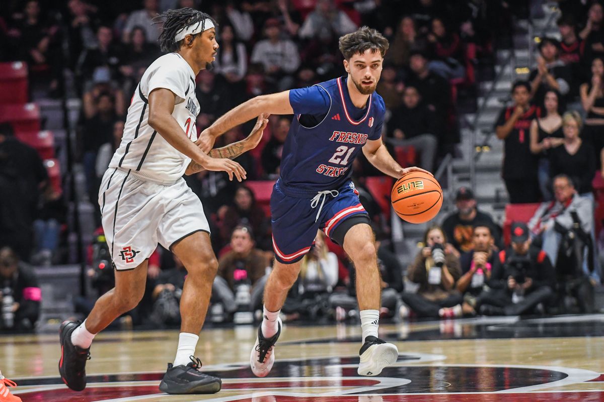Fresno State  Bastien Rieber (21)  handles the basketball during an NCAA men’s basketball game against SDSU.  Saturday January 10, 2026 in  San Diego, California.