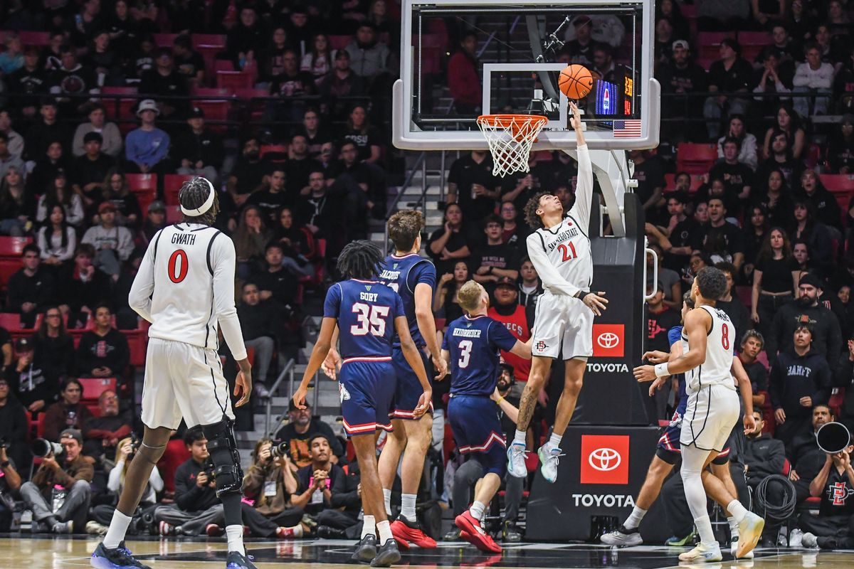 SDSU  Miles Byrd (21) makes a reverse layup during an NCAA men’s basketball game against  Fresno State.  Saturday January 10, 2026 in  San Diego, California.