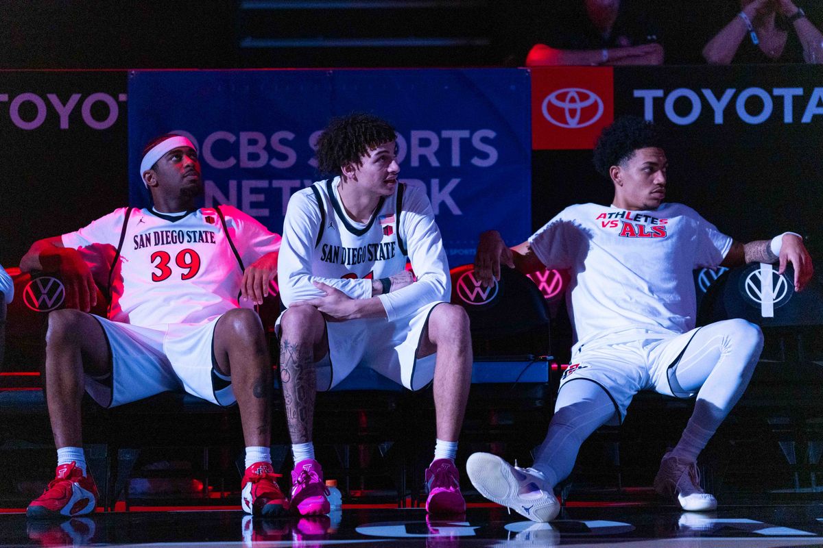 San Diego State guard Miles Byrd (21), guard Reese Dixon-Waters (39), and San Diego State guard Elzie Harrington (3) sit on the bench before an NCAA Basketball game between New Mexico and San Diego State, Saturday January 17, 2026 at Viejas Arena in San Diego, Calif.