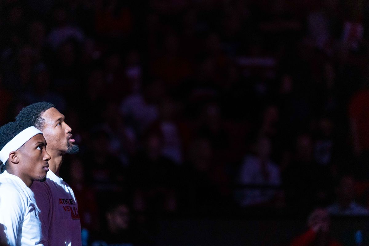 San Diego State guard BJ Davis (10) and forward Jeremiah Oden (25) stand next to each other before an NCAA Basketball game between New Mexico and San Diego State, Saturday January 17, 2026 at Viejas Arena in San Diego, Calif.