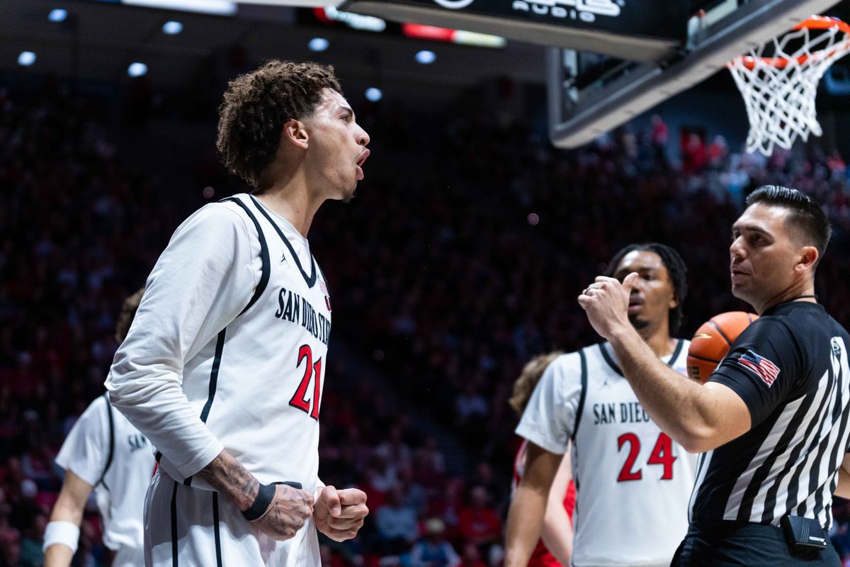 San Diego State guard Miles Byrd (21) reacts to being fouled during an NCAA Basketball game between New Mexico and San Diego State, Saturday January 17, 2026 at Viejas Arena in San Diego, Calif.