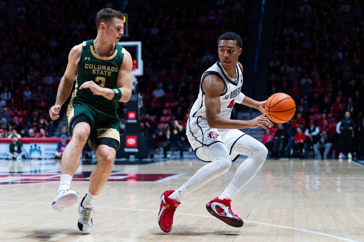 San Diego State guard Sean Newman Jr. (4) dribbles during an NCAA Basketball game between Colorado State and San Diego State, Wednesday January 28, 2026 at Viejas Arena in San Diego, Calif.