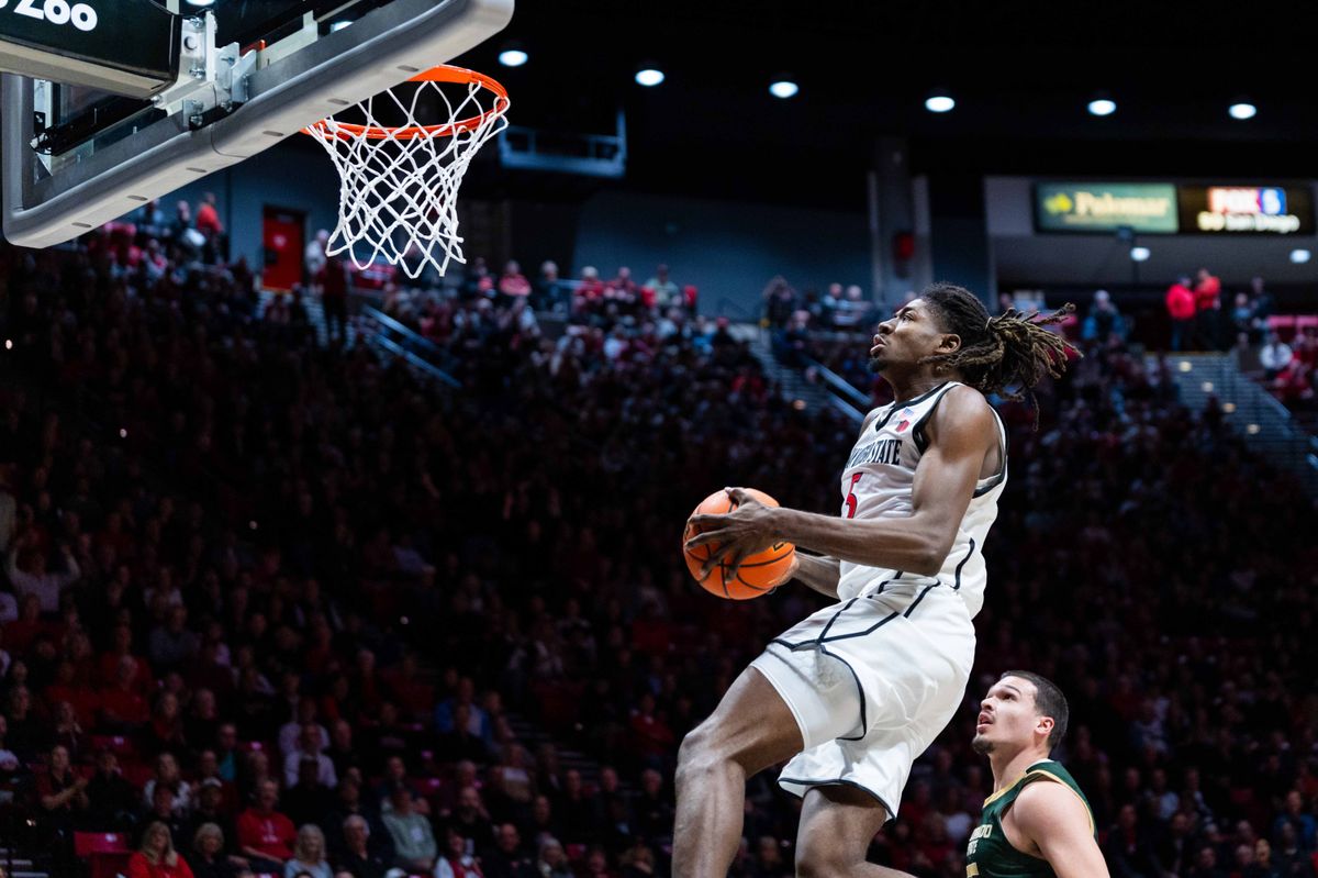 San Diego State forward Pharoah Compton (5) dunks during an NCAA Basketball game between Colorado State and San Diego State, Wednesday January 28, 2026 at Viejas Arena in San Diego, Calif.