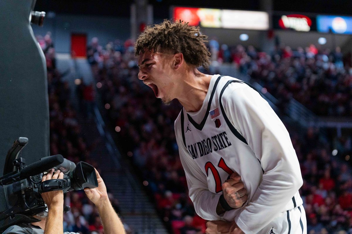 San Diego State guard Miles Byrd (21) celebrates a dunk during an NCAA Basketball game between Colorado State and San Diego State, Wednesday January 28, 2026 at Viejas Arena in San Diego, Calif.