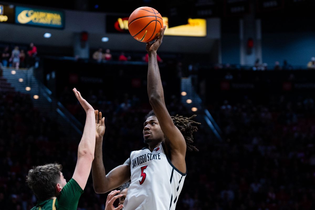 San Diego State forward Pharoah Compton (5) attempts a shot during an NCAA Basketball game between Colorado State and San Diego State, Wednesday January 28, 2026 at Viejas Arena in San Diego, Calif.