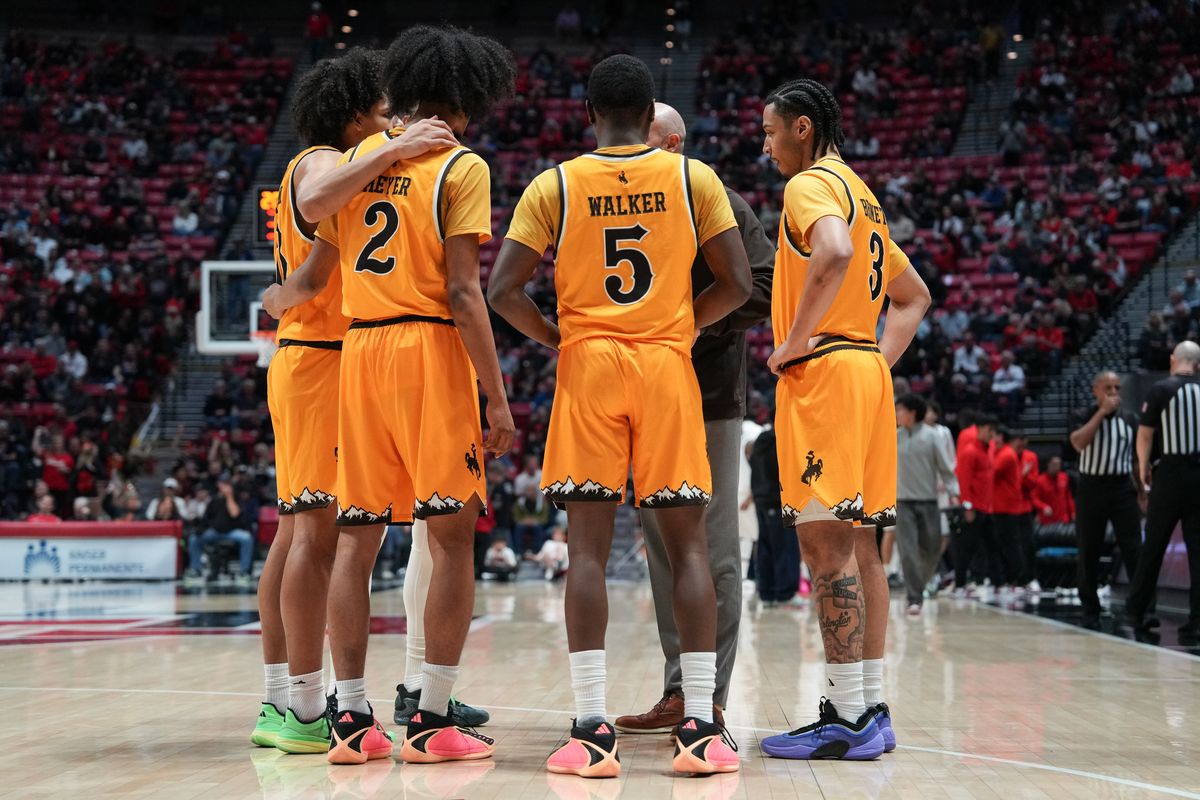 Wyoming players huddle up before an NCAA basketball game against SDSU, Tuesday February 03, 2026 in San Diego, California.