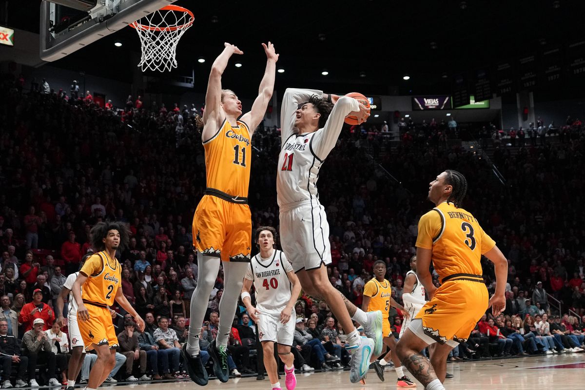 SDSU guard Miles Byrd (21) goes up for a layup during an NCAA basketball game against Wyoming, Tuesday February 03, 2026 in San Diego, California.