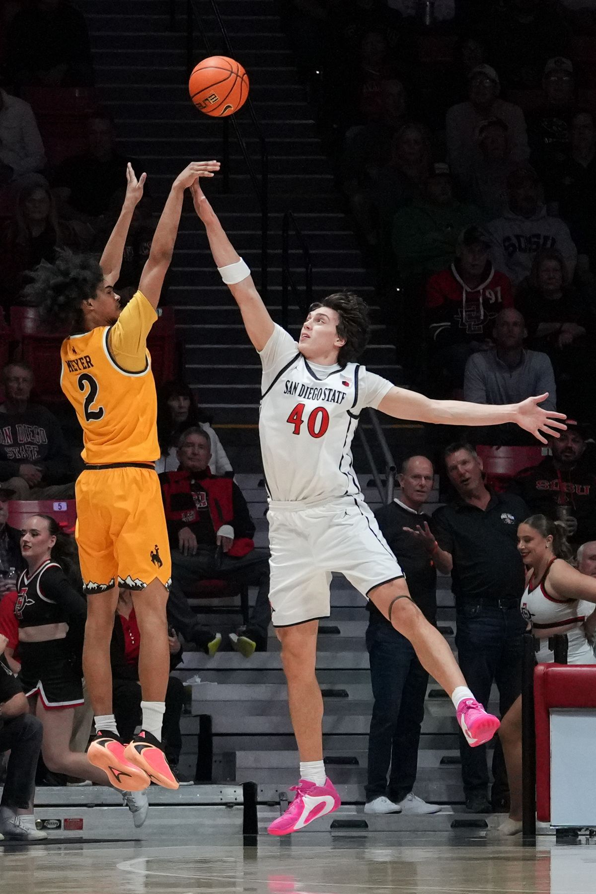 Wyoming guard Nasir Meyer (2) shoots a three during an NCAA basketball game against SDSU, Tuesday February 03, 2026 in San Diego, California.