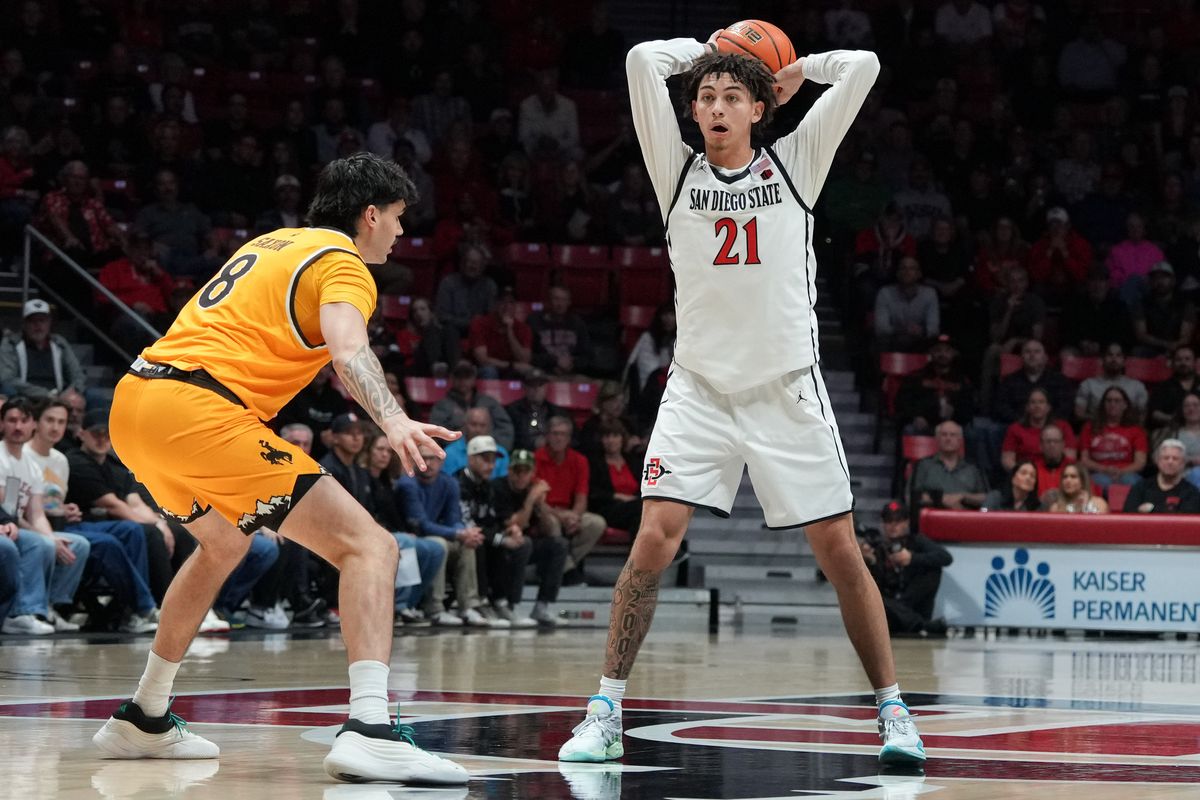 SDSU guard Miles Byrd (21) looks to pass the ball during an NCAA basketball game against Wyoming, Tuesday February 03, 2026 in San Diego, California.