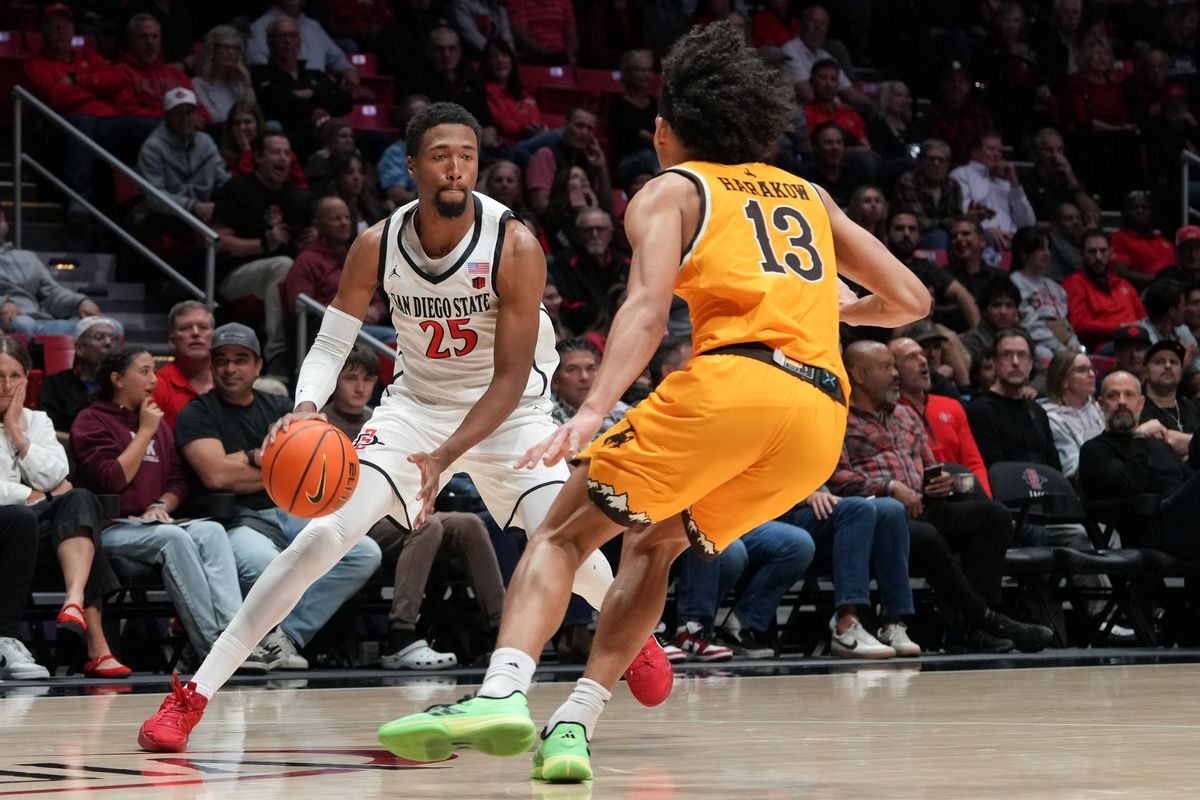 SDSU forward Jeremiah Oden (25) dribbles the ball past defenders during an NCAA basketball game against Wyoming, Tuesday February 03, 2026 in San Diego, California.
