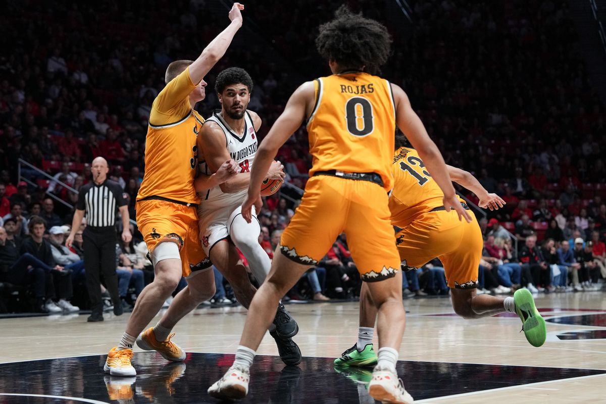 SDSU forward Tae Simmons (8) dribbles the ball past defenders during an NCAA basketball game against Wyoming, Tuesday February 03, 2026 in San Diego, California.
