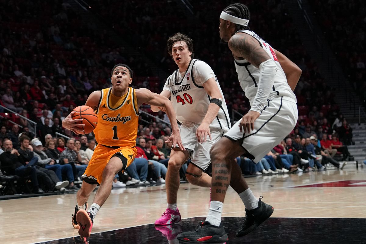Wyoming guard Damarion Dennis (1) goes up for a layup during an NCAA basketball game against SDSU, Tuesday February 03, 2026 in San Diego, California.