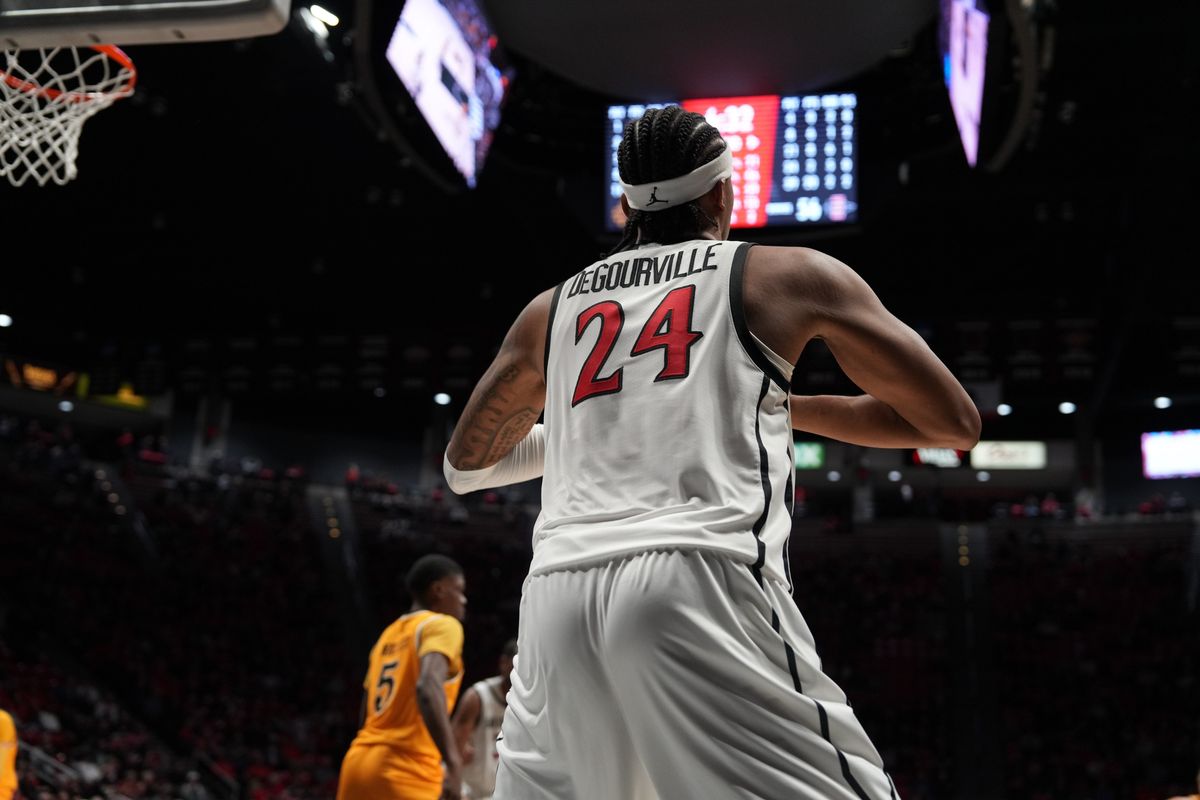 SDSU guard Taj DeGourville (24) inbounds the ball during an NCAA basketball game against Wyoming, Tuesday February 03, 2026 in San Diego, California.