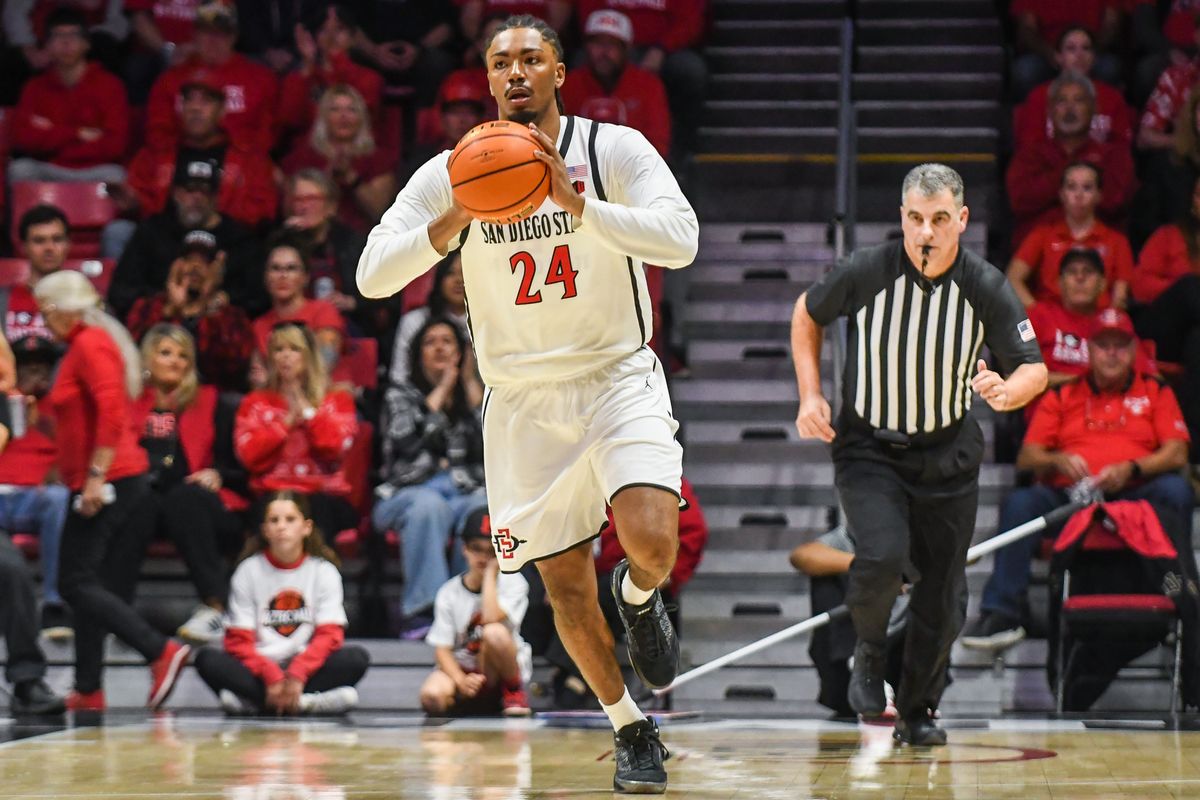 SDSU guard Taj DeGourville (24) passes the ball during an NCAA Basketball game against Nevada Saturday February 14, 2026 in California.