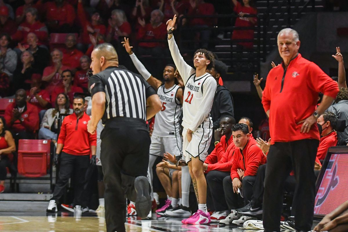 SDSU guard Miles Byrd (21) reacts to a made 3 point shot during an NCAA Basketball game against Nevada Saturday February 14, 2026 in California.