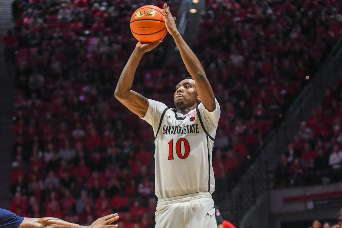 SDSU guard BJ Davis (10) shoots a 3PT jump shot during an NCAA Basketball game against Nevada Saturday February 14, 2026 in  , California.