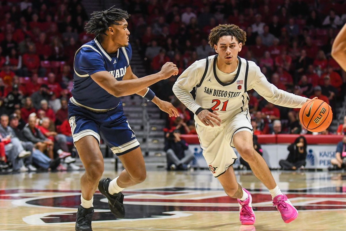 SDSU guard Miles Byrd (21) dribbles the ball during an NCAA Basketball game against Nevada Saturday February 14, 2026 in California.