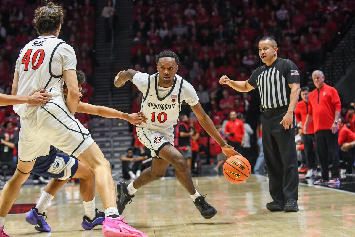 SDSU guard BJ Davis (10) dribbles the ball during an NCAA Basketball game against Nevada Saturday February 14, 2026 in California.