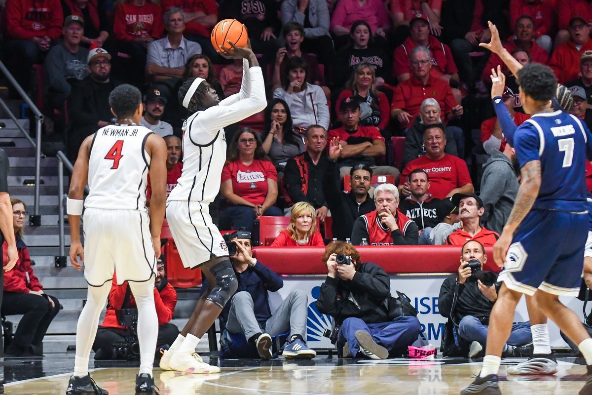 SDSU forward Magoon Gwath (0) shoots a 3PT jump shot during an NCAA Basketball game against Nevada Saturday February 14, 2026 in California.