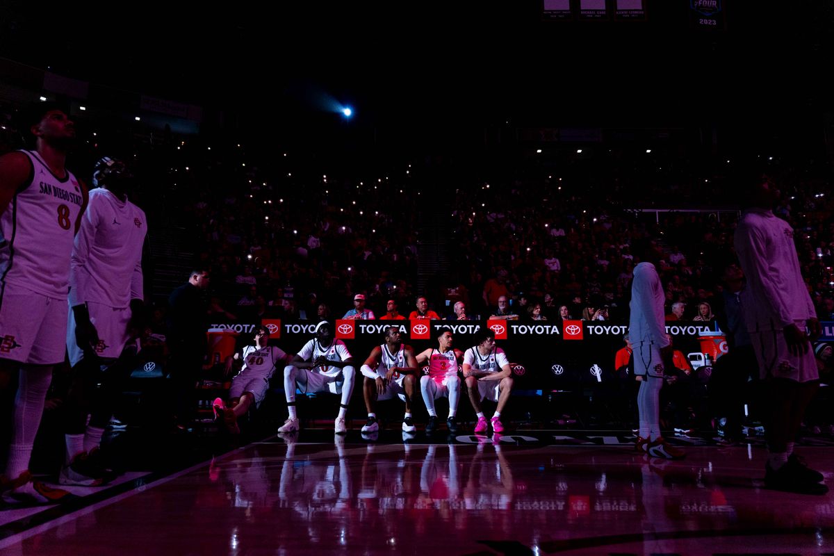 San Diego State players wait to be introduced before an NCAA Basketball game between Utah State and San Diego State, Wednesday February 25, 2026 at Viejas Arena in San Diego, Calif.