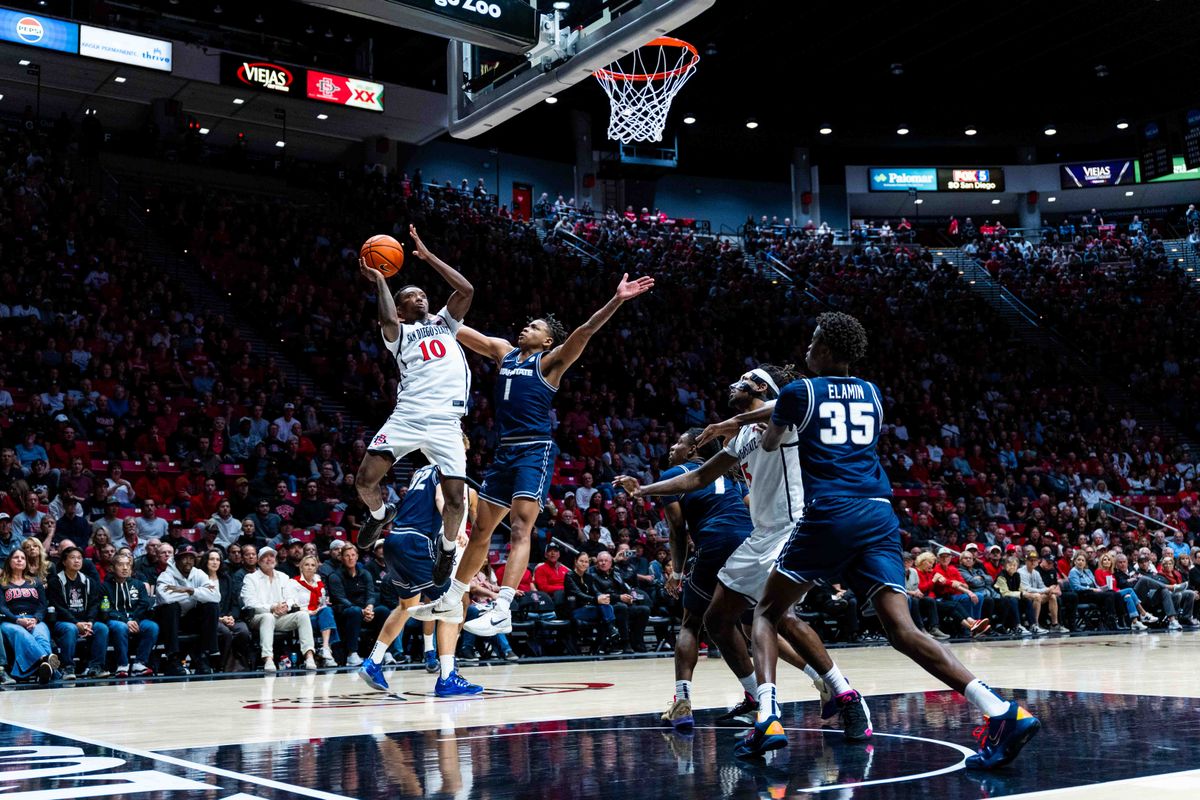 San Diego State guard BJ Davis (10) takes a shot during an NCAA Basketball game between Utah State and San Diego State, Wednesday February 25, 2026 at Viejas Arena in San Diego, Calif.