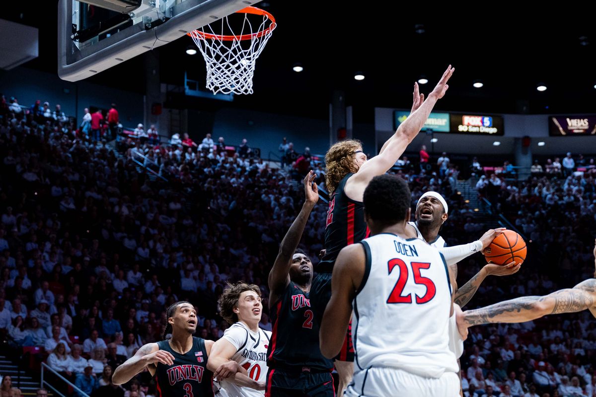 San Diego State guard Reese Dixon-Waters (39) takes a shot during an NCAA Basketball game between UNLV and San Diego State, Friday March 6, 2026 at Viejas Arena in San Diego, Calif.