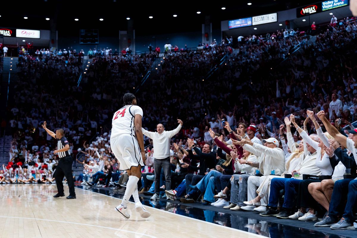 San Diego State guard Taj DeGourville (24) turns to the fans during an NCAA Basketball game between UNLV and San Diego State, Friday March 6, 2026 at Viejas Arena in San Diego, Calif.