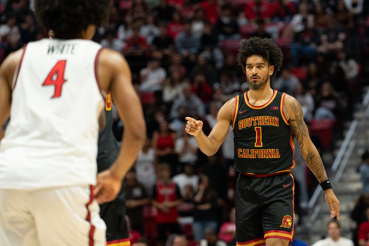 University of Southern California Trojans guard Rodney Rice (1) celebrates after scoring a basket during their game against the San Diego State Aztecs, Friday, Oct. 23, 2026, at Viejas Arena in San Diego.    Correct the date and weekdayUse a stronger celebratory action