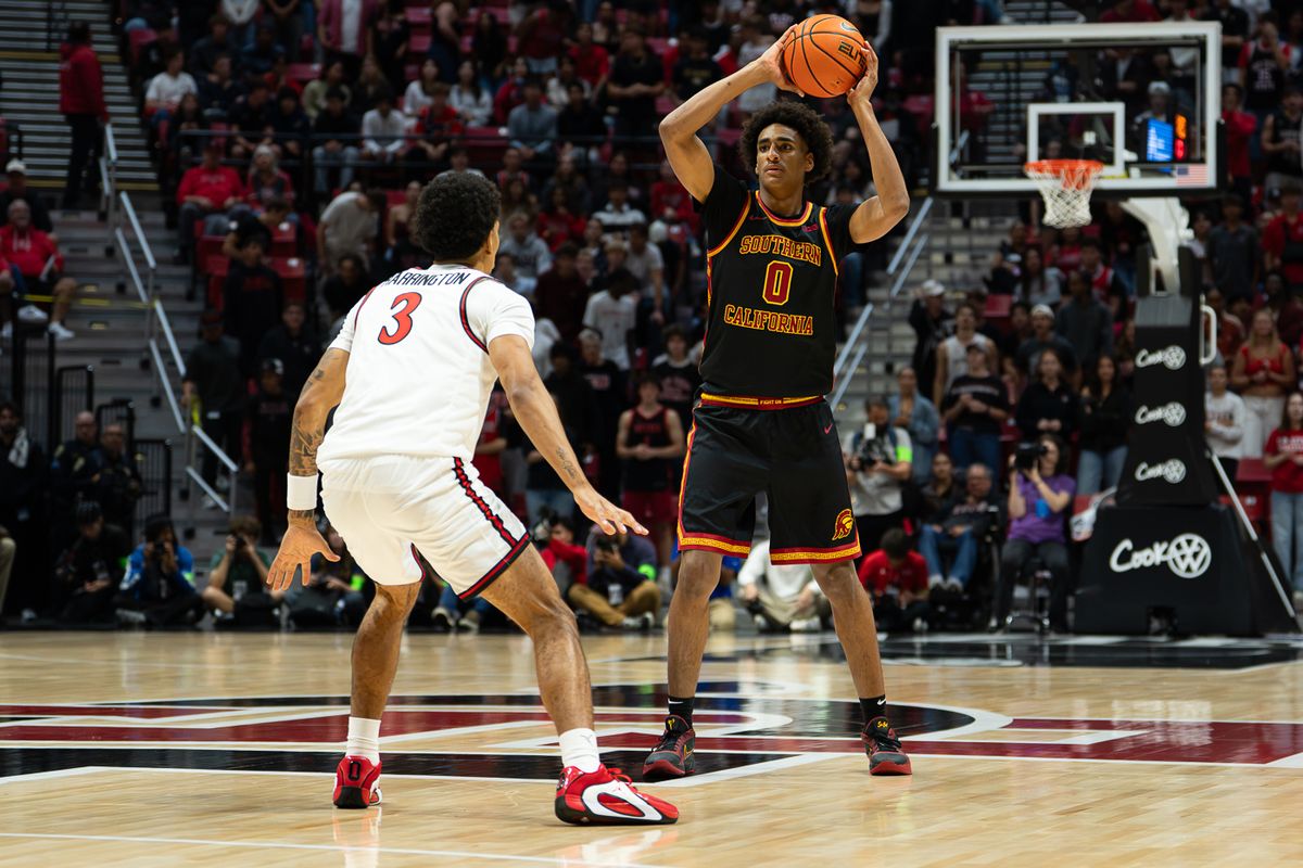 University of Southern California Trojans guard Alijah Arenas (0) looks for a passing lane during their game against the San Diego State Aztecs, Friday, Oct. 23, 2026, at Viejas Arena in San Diego.