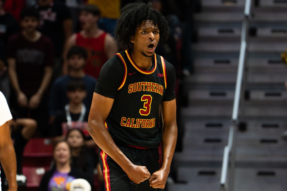 University of Southern California Trojans forward Adonis Ratliff (3) celebrates after scoring a basket during their game against the San Diego State Aztecs, Friday, Oct. 23, 2026, at Viejas Arena in San Diego.