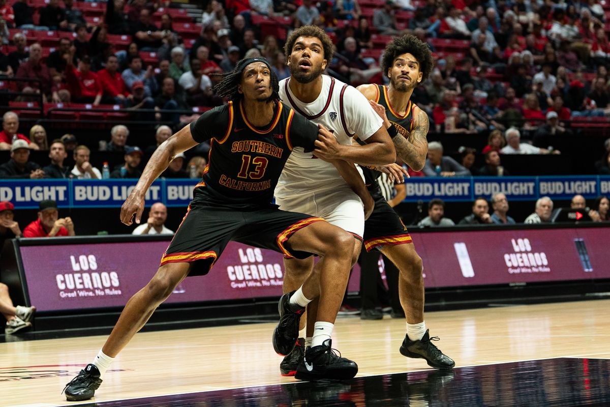 San Diego State Aztecs forward Bear Cherry (45) fights for a rebound during the NCAA men’s basketball game against the University of Southern California Trojans, Friday, Oct. 23, 2026, at Viejas Arena in San Diego.