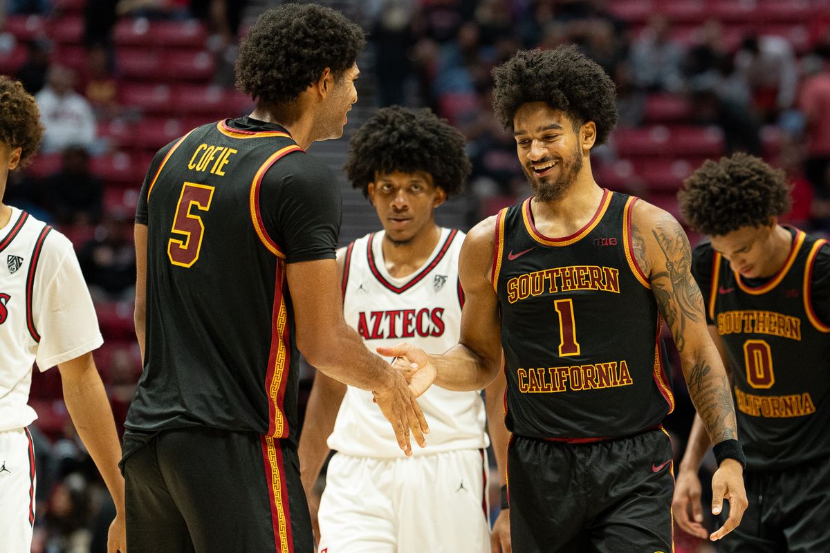 University of Southern California Trojans players celebrate during their game against the San Diego State Aztecs, Friday, Oct. 23, 2026, at Viejas Arena in San Diego