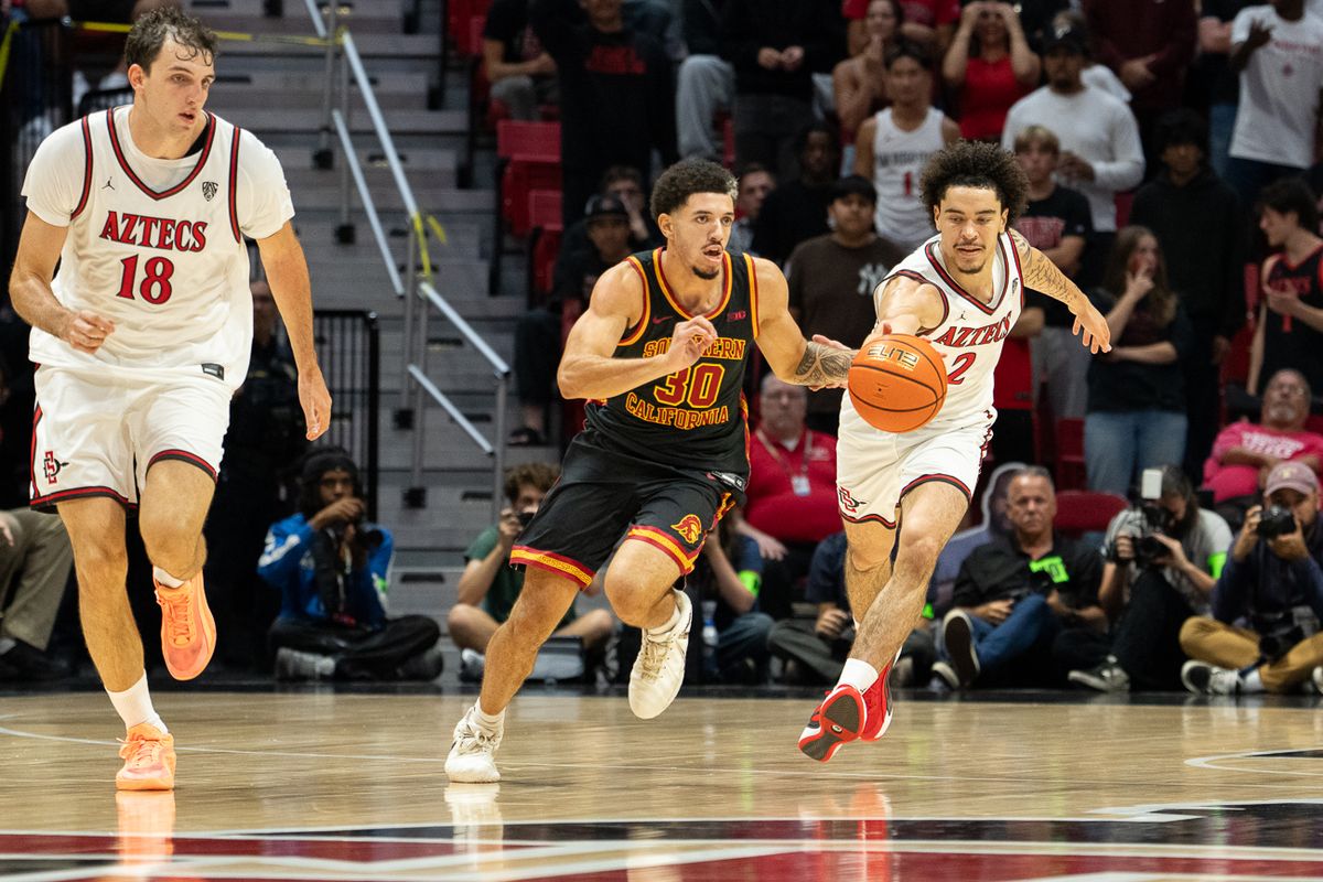 Writing      University of Southern California Trojans guard Aaron Hunkin-Claytor (30) advances the ball during their game against the San Diego State Aztecs, Friday, Oct. 23, 2026, at Viejas Arena in San Diego.