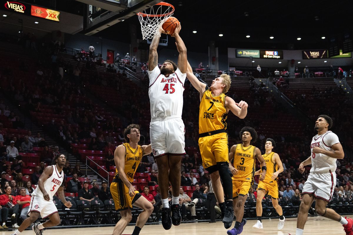 SDSU forward Bear Cherry (45) dunks the ball during an NCAA basketball exhibition game against Long Beach State, Wednesday October 28, 2026 in San Diego, California. SDSU forward Bear Cherry (45) dunks the ball during an NCAA basketball exhibition game against Long Beach State, Wednesday October 28, 2026 in San Diego, California.