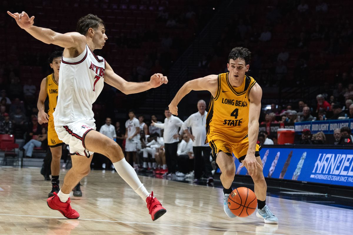 Long Beach State guard McCaden Adams (4) dribbles the ball past defenders during an NCAA basketball exhibition game against SDSU, Wednesday October 28, 2026 in San Diego, California. Long Beach State guard McCaden Adams (4) dribbles the ball past defenders during an NCAA basketball exhibition game against SDSU, Wednesday October 28, 2026 in San Diego, California.