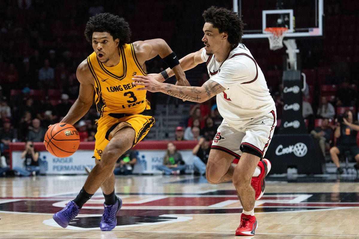 Long Beach State guard Yohann Sissoko (3) dribbles the ball past defenders during an NCAA basketball exhibition game against SDSU, Wednesday October 28, 2026 in San Diego, California. Long Beach State guard Yohann Sissoko (3) dribbles the ball past defenders during an NCAA basketball exhibition game against SDSU, Wednesday October 28, 2026 in San Diego, California.