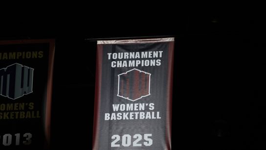 San Diego State's 2025 Mountain West Tournament championship banner newly hangs in the rafters at Viejas Arena. Image courtsey of SDSU Athletics