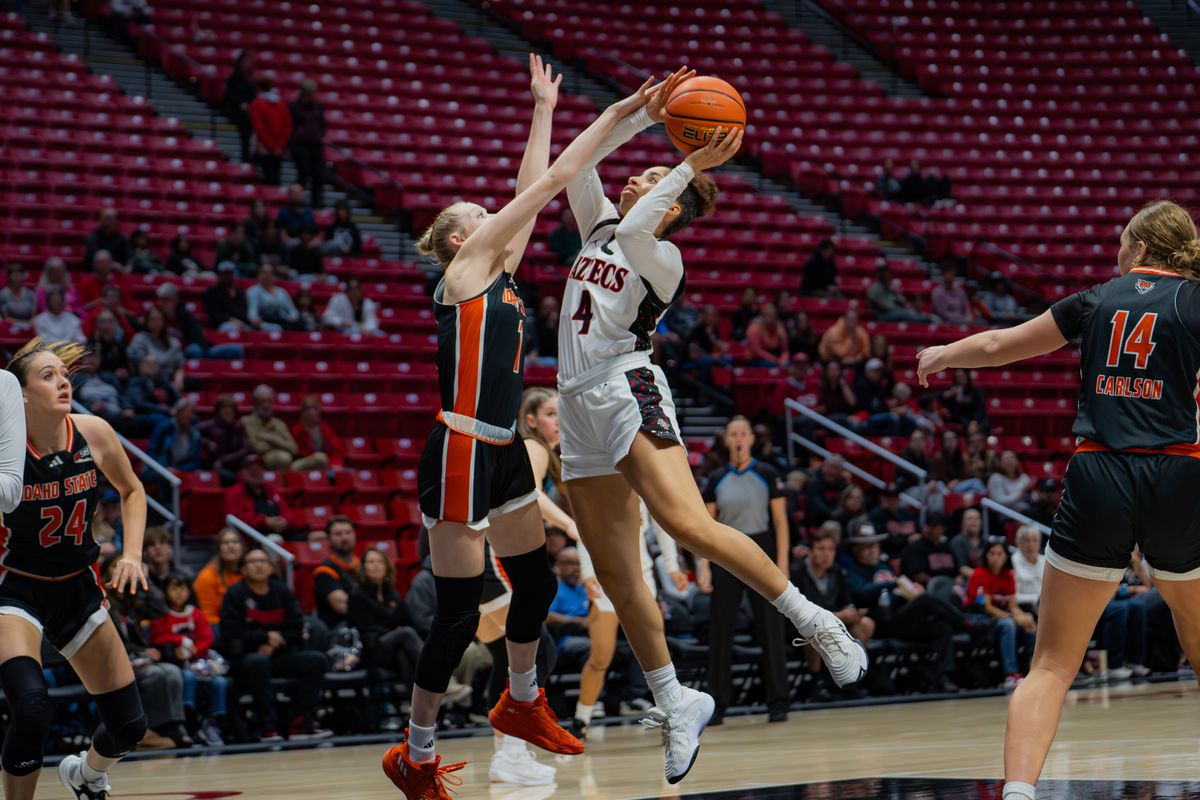 San Diego State Guard Veronica Sheffey (4) shooting the ball during a non-conference game against Idaho State, Monday November 11, 2024 in San Diego California. San Diego State Guard Veronica Sheffey (4) shooting the ball during a non-conference game against Idaho State, Monday November 11, 2024 in San Diego California.