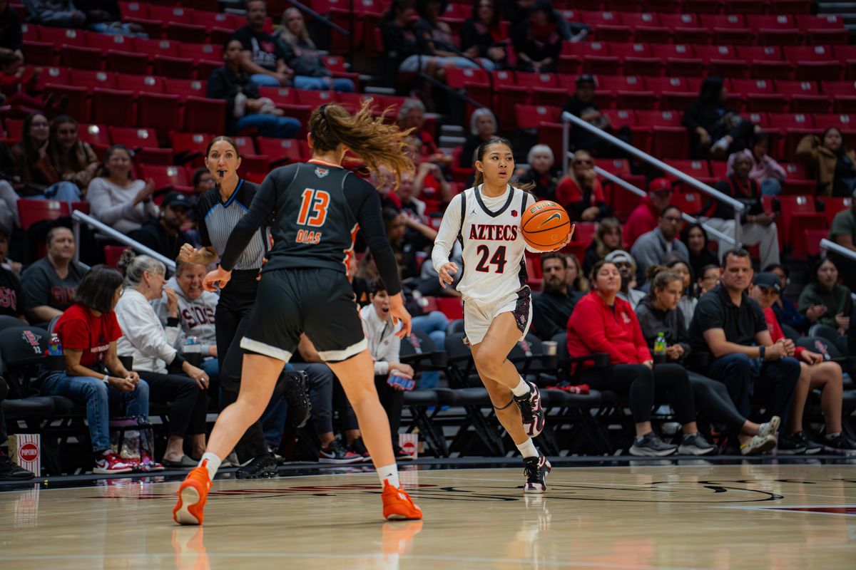 San Diego State Guard Naomi Panganiban (24) dribbling the ball during a non-conference game against Idaho State, Monday November 11, 2024 in San Diego California. San Diego State Guard Naomi Panganiban (24) dribbling the ball during a non-conference game against Idaho State, Monday November 11, 2024 in San Diego California.