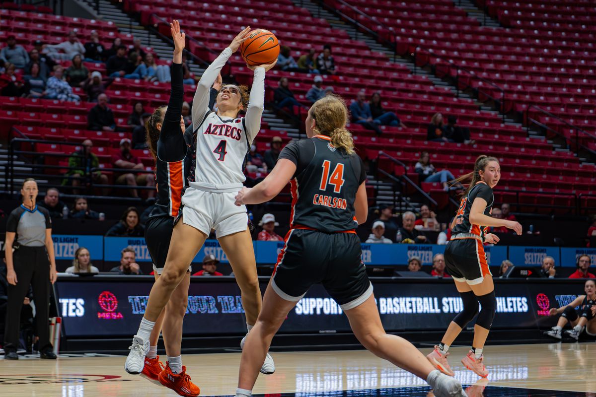San Diego State Guard Veronica Sheffey (4) going for a layup during a non-conference game against Idaho State, Monday November 11, 2024 in San Diego California. San Diego State Guard Veronica Sheffey (4) going for a layup during a non-conference game against Idaho State, Monday November 11, 2024 in San Diego California.