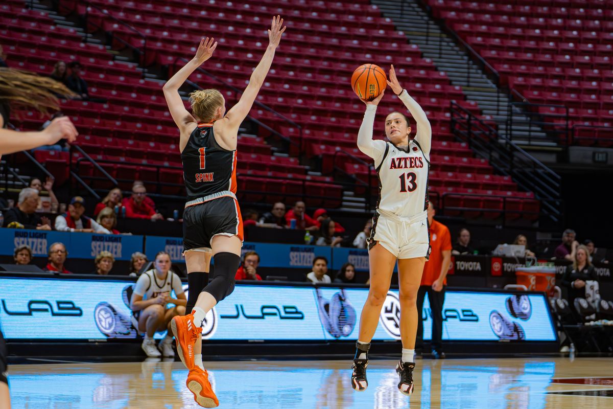 San Diego State Guard Meghan Fish (13) shooting the ball during a non-conference game against Idaho State, Monday November 11, 2024 in San Diego California. San Diego State Guard Meghan Fish (13) shooting the ball during a non-conference game against Idaho State, Monday November 11, 2024 in San Diego California.