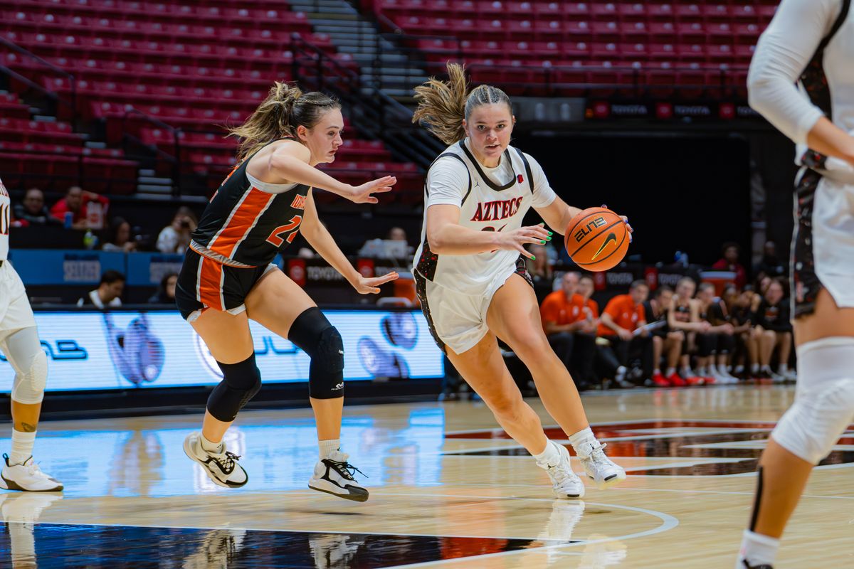 San Diego State Forward Cali Clark (31) rushing past Idaho State's Forward Halle Wright (24) during a non-conference game against Idaho State, Monday November 11, 2024 in San Diego California. San Diego State Forward Cali Clark (31) rushing past Idaho State's Forward Halle Wright (24) during a non-conference game against Idaho State, Monday November 11, 2024 in San Diego California.
