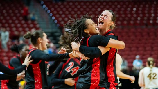 San Diego State guard Jazlen Green (left) and Cali Clark (right) embrace after winning Mountain West basketball championship game against Wyoming on Wednesday March 12, 2025 in Las Vegas. San Diego State guard Jazlen Green (left) and Cali Clark (right) embrace after winning Mountain West basketball championship game against Wyoming on Wednesday March 12, 2025 in Las Vegas.