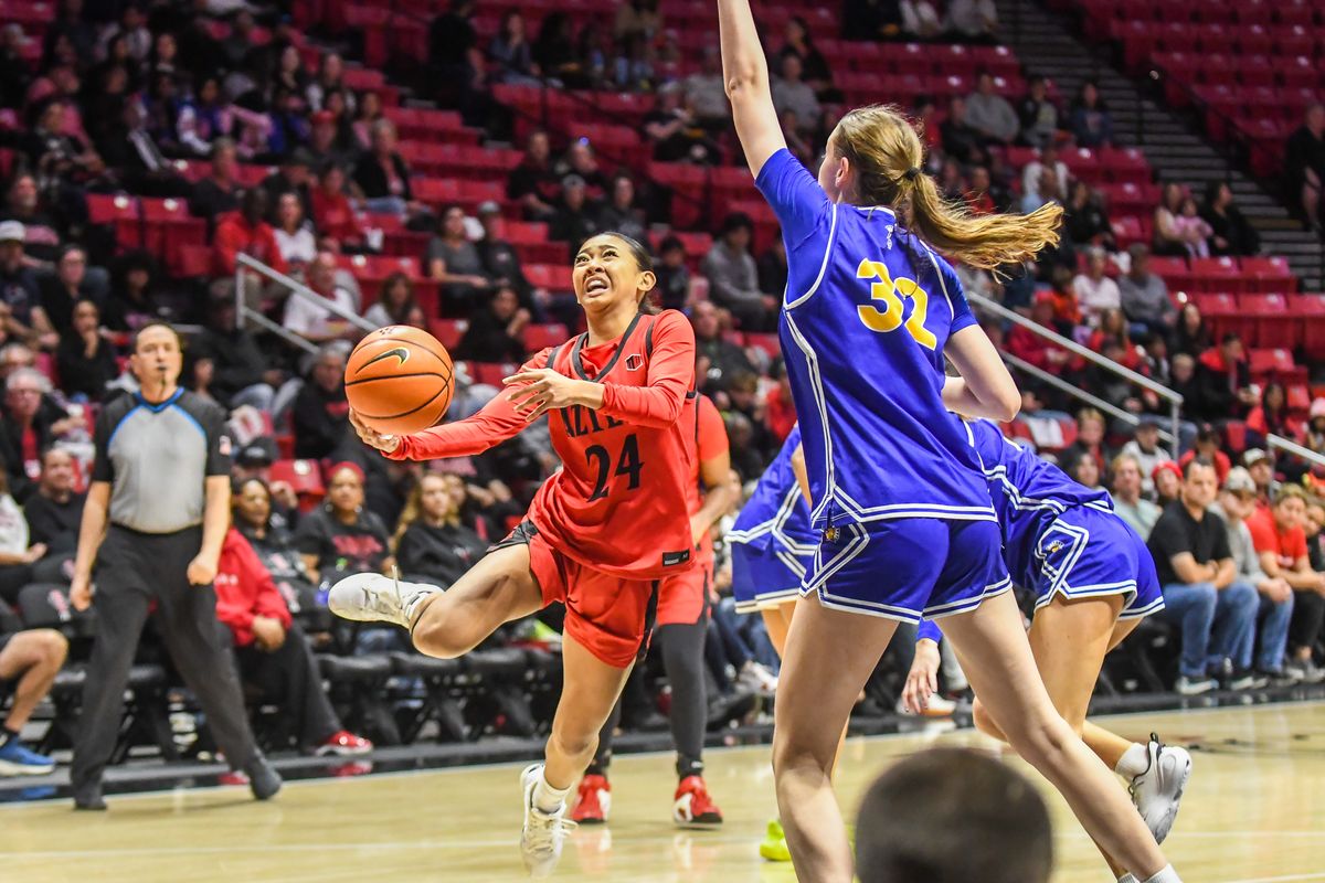 SDSU guard Naomi Panganiban (24) makes a driving layup during an NCAA Women’s basketball  game against San Jose State   Saturday January 24, 2026 in  San Diego, California.