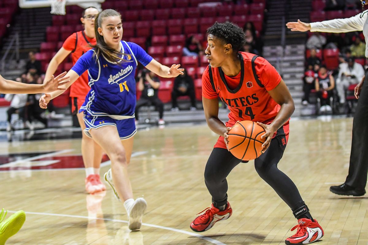 SDSU guard Nala Williams (14) looks to pass during an NCAA Women’s basketball  game against San Jose State   Saturday January 24, 2026 in  San Diego, California.